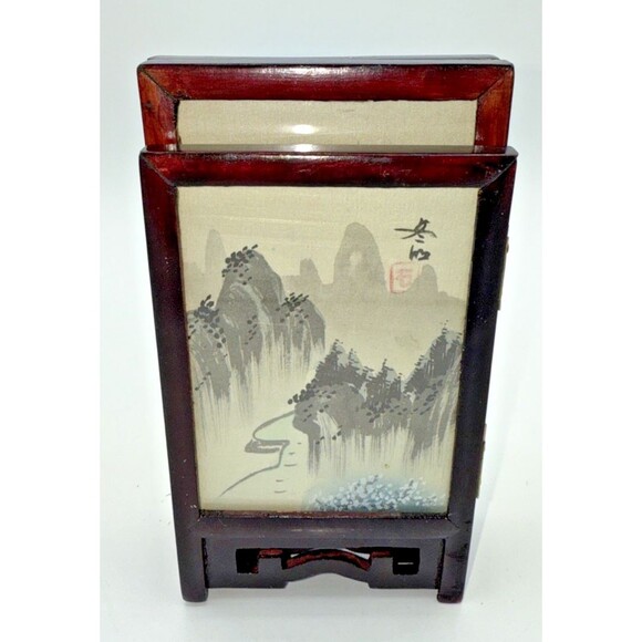 Vintage Mini Table Top Chinese Four Panel Screen 2 Sided Hand Painted 6.6”x14.5” - Picture 12 of 16
